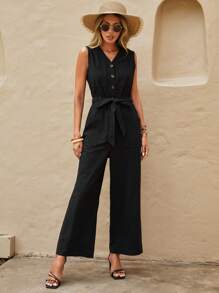 SHEIN LUNE Solid V Neck Button Front Wide Leg Belted Jumpsuit - Black - View 3