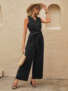 SHEIN LUNE Solid V Neck Button Front Wide Leg Belted Jumpsuit - Black - View 5