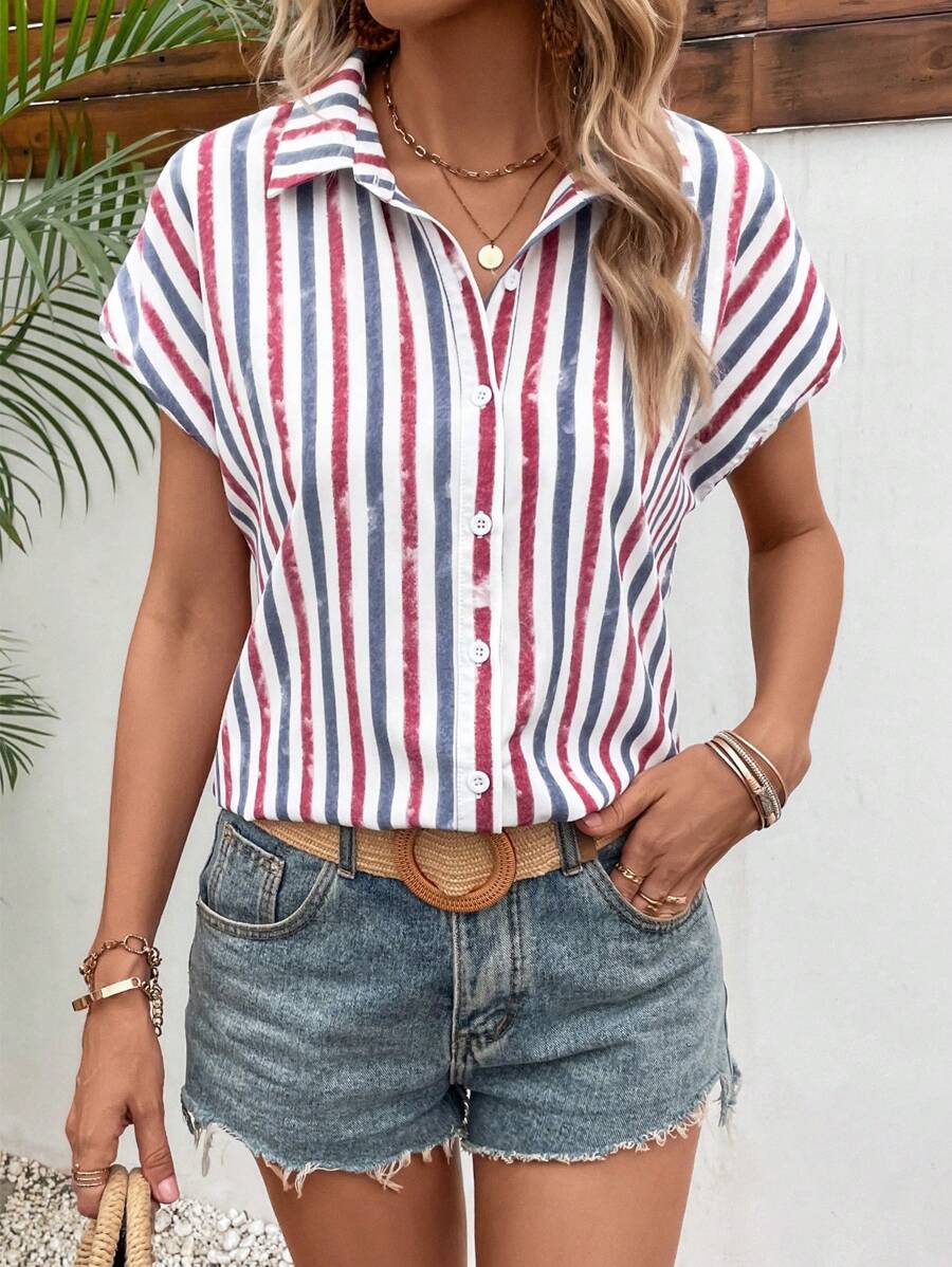 SHEIN VCAY Striped Print Batwing Sleeve Shirt - Multicolor - View 1