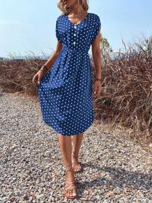 Breezaya Đầm Maxi Tay Cánh Dơi Chấm Bi Cho Nữ - Màu xanh hải quân - Xem 3