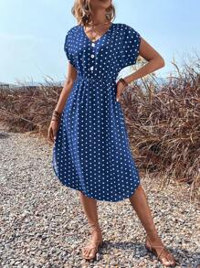 Breezaya Đầm Maxi Tay Cánh Dơi Chấm Bi Cho Nữ - Màu xanh hải quân - Xem 5