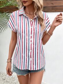 SHEIN VCAY Striped Print Batwing Sleeve Shirt - Multicolor - View 4