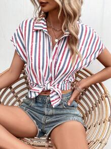 SHEIN VCAY Striped Print Batwing Sleeve Shirt - Multicolor - View 5