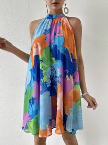 SHEIN VCAY Floral Print Halter Neck Dress - Multicolor - View 4