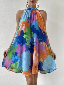 SHEIN VCAY Floral Print Halter Neck Dress - Multicolor - View 1
