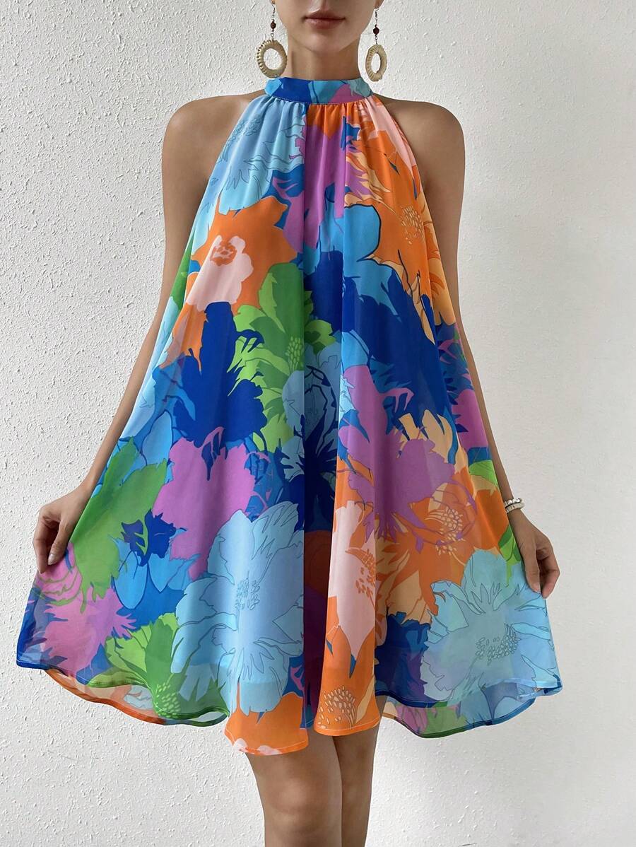 SHEIN VCAY Floral Print Halter Neck Dress - Multicolor - View 1