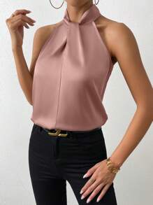 Chiquease Áo sơ mi nữ xoắn lại màu trơn Thanh lịch - Hồng - Xem 4