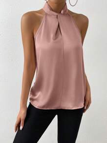 Chiquease Áo sơ mi nữ xoắn lại màu trơn Thanh lịch - Hồng - Xem 7