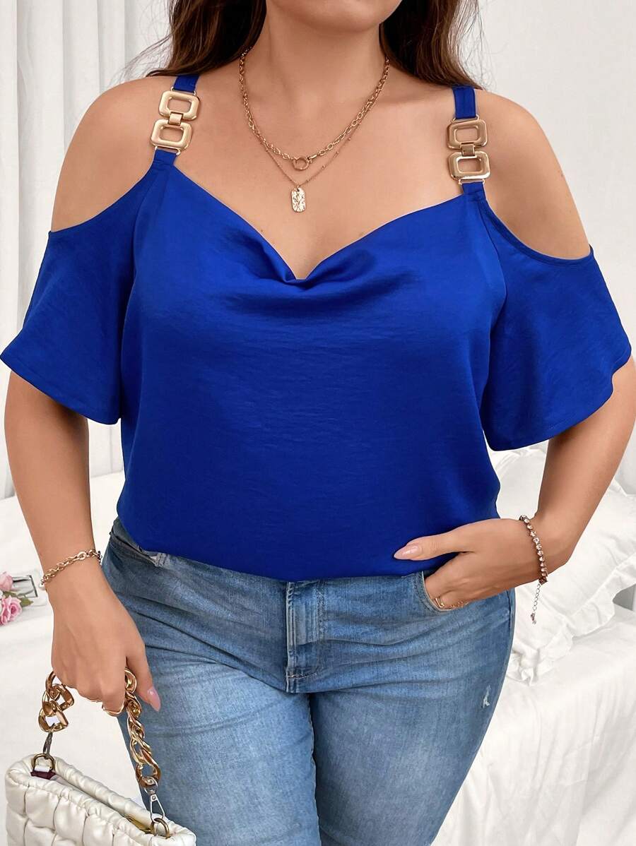 INAWLY 大碼挖肩環鏈前垂褶襯衫 - 寶藍色 - 查看 1