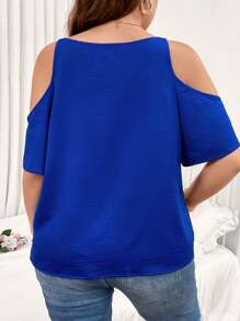 INAWLY 大碼挖肩環鏈前垂褶襯衫 - 寶藍色 - 查看 2