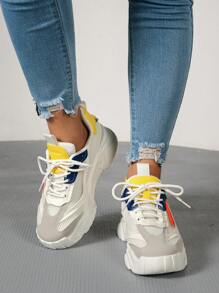 女性貼布裝飾撞色繫帶粗運動戶外運動鞋 - 彩色 - 查看 3