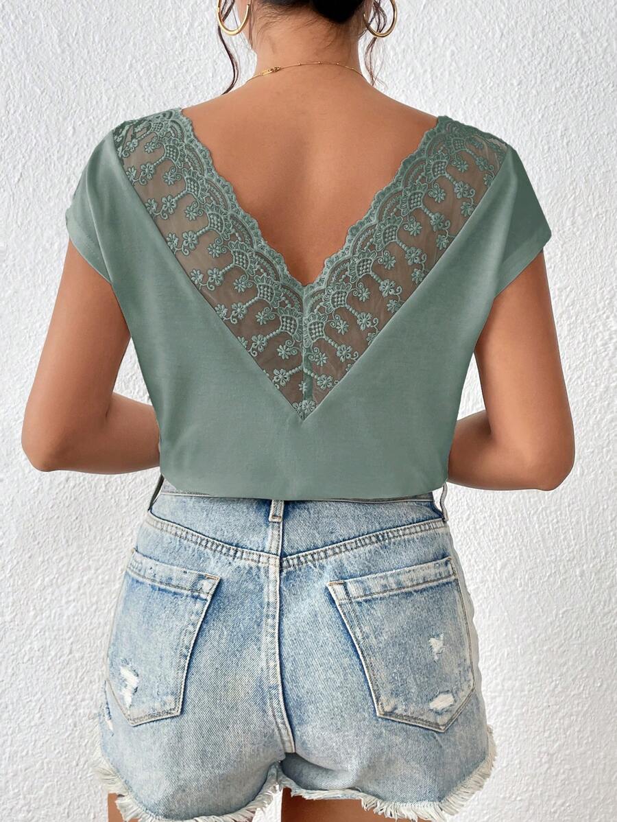 SHEIN Frenchy Contrast Lace Batwing Sleeve Tee Summer - Mint Green - View 1