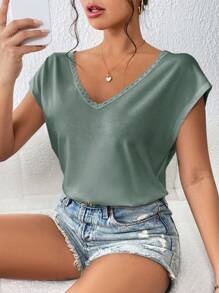 SHEIN Frenchy Contrast Lace Batwing Sleeve Tee Summer - Mint Green - View 2