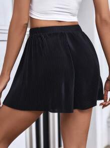 SHEIN Essnce Solid Elastic Waist Plisse Wide Leg Shorts - Black - View 2