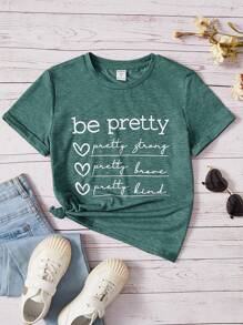 SHEIN Leap Crew Áo thun cổ tròn ngắn tay Tween Girl họa tiết trái tim & khẩu hiệu - màu xanh lá - Xem 1