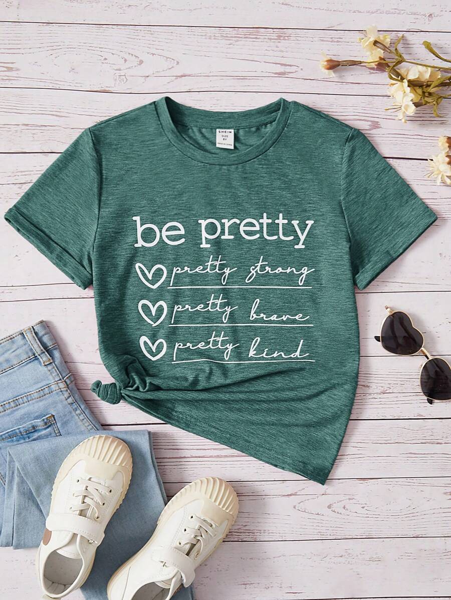 SHEIN Leap Crew Áo thun cổ tròn ngắn tay Tween Girl họa tiết trái tim & khẩu hiệu - màu xanh lá - Xem 1