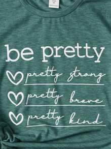 SHEIN Leap Crew Áo thun cổ tròn ngắn tay Tween Girl họa tiết trái tim & khẩu hiệu - màu xanh lá - Xem 3