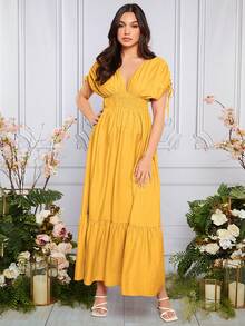 SHEIN Maternity Drawstring Batwing Sleeve Ruffle Hem Dress - Yellow - View 3