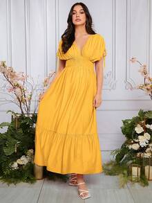 SHEIN Maternity Drawstring Batwing Sleeve Ruffle Hem Dress - Yellow - View 4