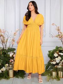 SHEIN Maternity Drawstring Batwing Sleeve Ruffle Hem Dress - Yellow - View 6
