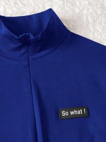 SHEIN EZwear Letter Patched Zip Up Unitard Romper - Royal Blue - View 5