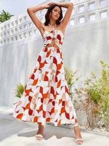 SHEIN VCAY 滿版印花鏤空前收褶荷葉邊繞頸露背連衣裙 - 彩色 - 查看 3