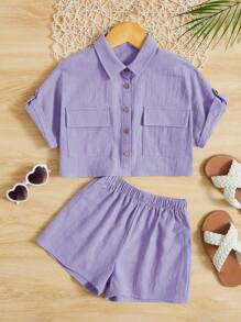 SHEIN 小女童翻蓋口袋蝙蝠袖襯衫和短褲 - 紫丁香色 - 查看 1