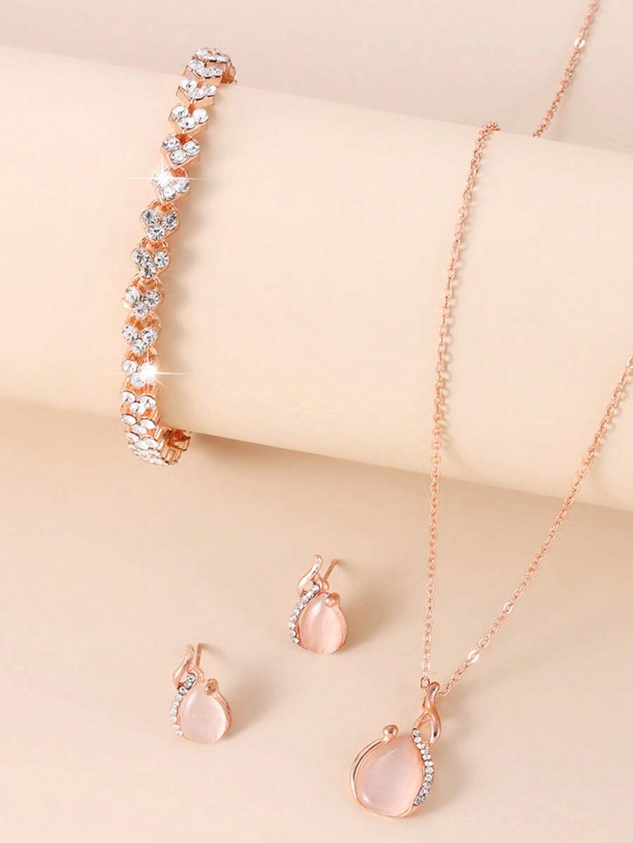 4pcs/set Fashionable Zinc Alloy Rhinestone & Water-drop Decor Jewelry Set For Women For Daily Decoration - Rose Gold - View 1