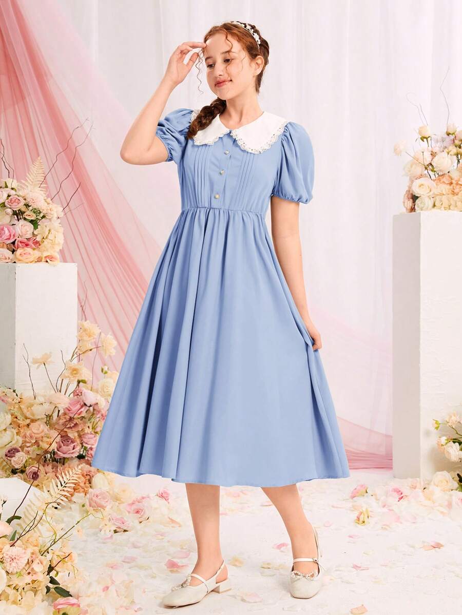 SHEIN 青少年女孩彼得潘領泡泡袖前紐扣洋裝 - 淺藍色 - 查看 1