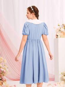 SHEIN 青少年女孩彼得潘領泡泡袖前紐扣洋裝 - 淺藍色 - 查看 2