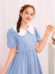 SHEIN 青少年女孩彼得潘領泡泡袖前紐扣洋裝 - 淺藍色 - 查看 3
