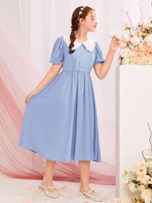 SHEIN 青少年女孩彼得潘領泡泡袖前紐扣洋裝 - 淺藍色 - 查看 4