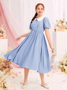 SHEIN 青少年女孩彼得潘領泡泡袖前紐扣洋裝 - 淺藍色 - 查看 5