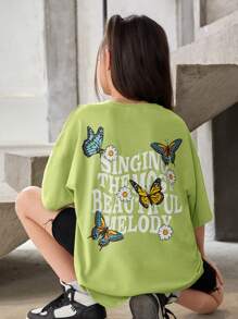 SHEIN Tops con gái Slogan Loại bướm Giải trí - Màu xanh chanh - Xem 1