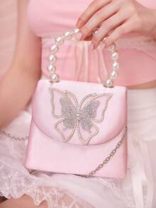 SHEIN MOD 迷你方包蝴蝶設計人造珍珠和水鑽裝飾 - 粉色 - 查看 2