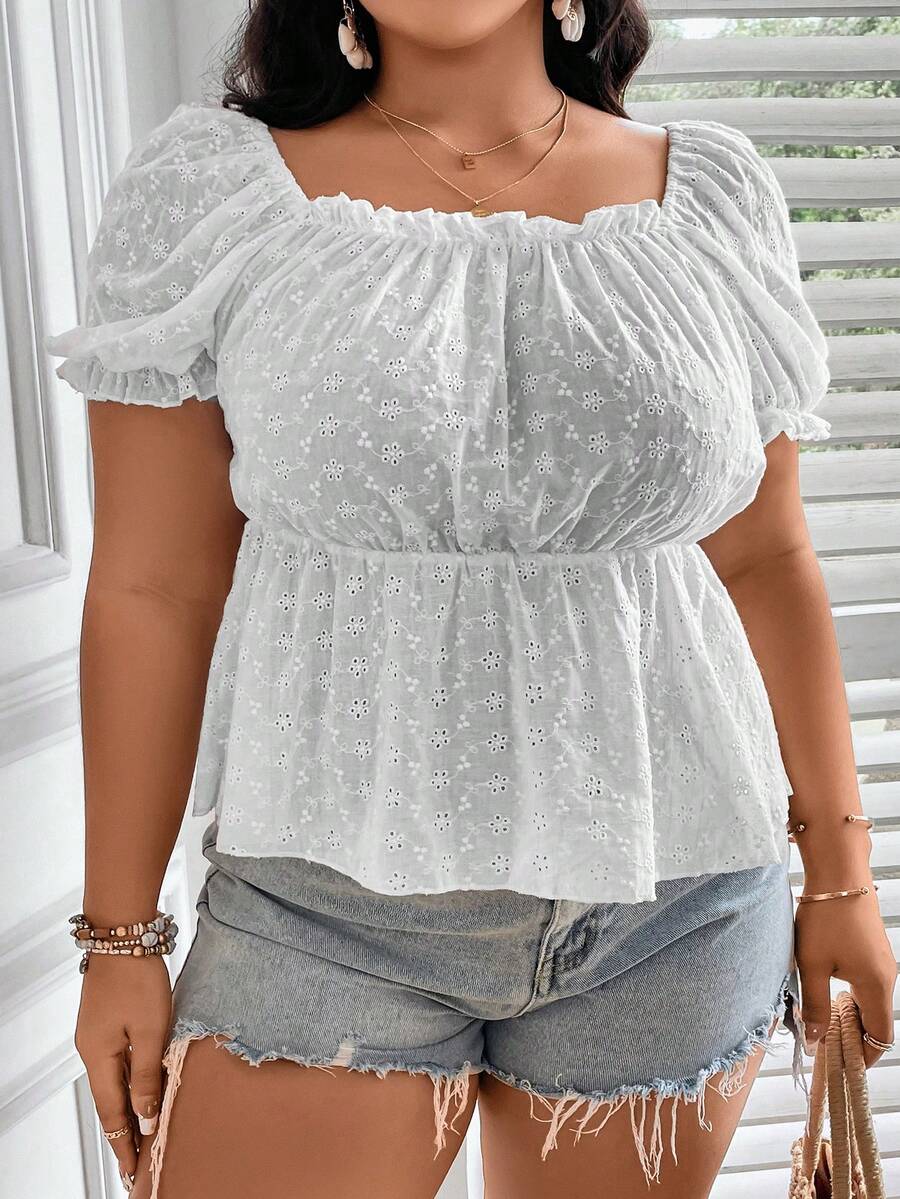 SHEIN Franclia Blusa peplum con bordado con ojal de manga farol - Blanco - Ver 1