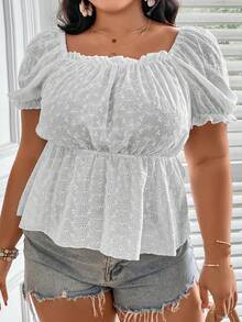 SHEIN Franclia Blusa peplum con bordado con ojal de manga farol - Blanco - Ver 5
