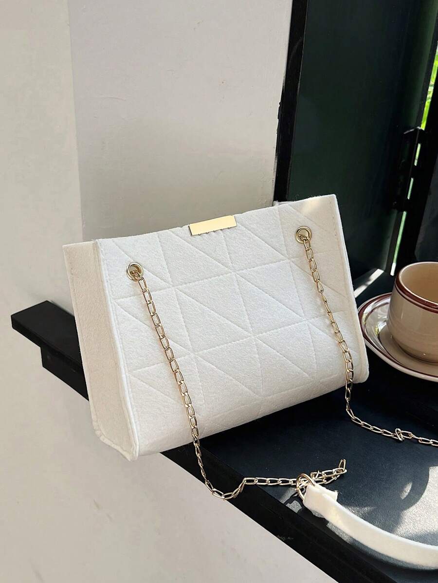 Geometric Pattern Square Bag White Chain Strap For Daily - White - View 1
