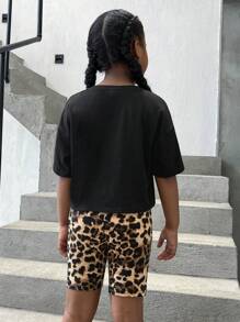 SHEIN 女孩1入組字母和老虎印花落肩T恤和1入組豹紋印花騎行褲 - 彩色 - 查看 3