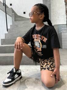 SHEIN 女孩1入組字母和老虎印花落肩T恤和1入組豹紋印花騎行褲 - 彩色 - 查看 4