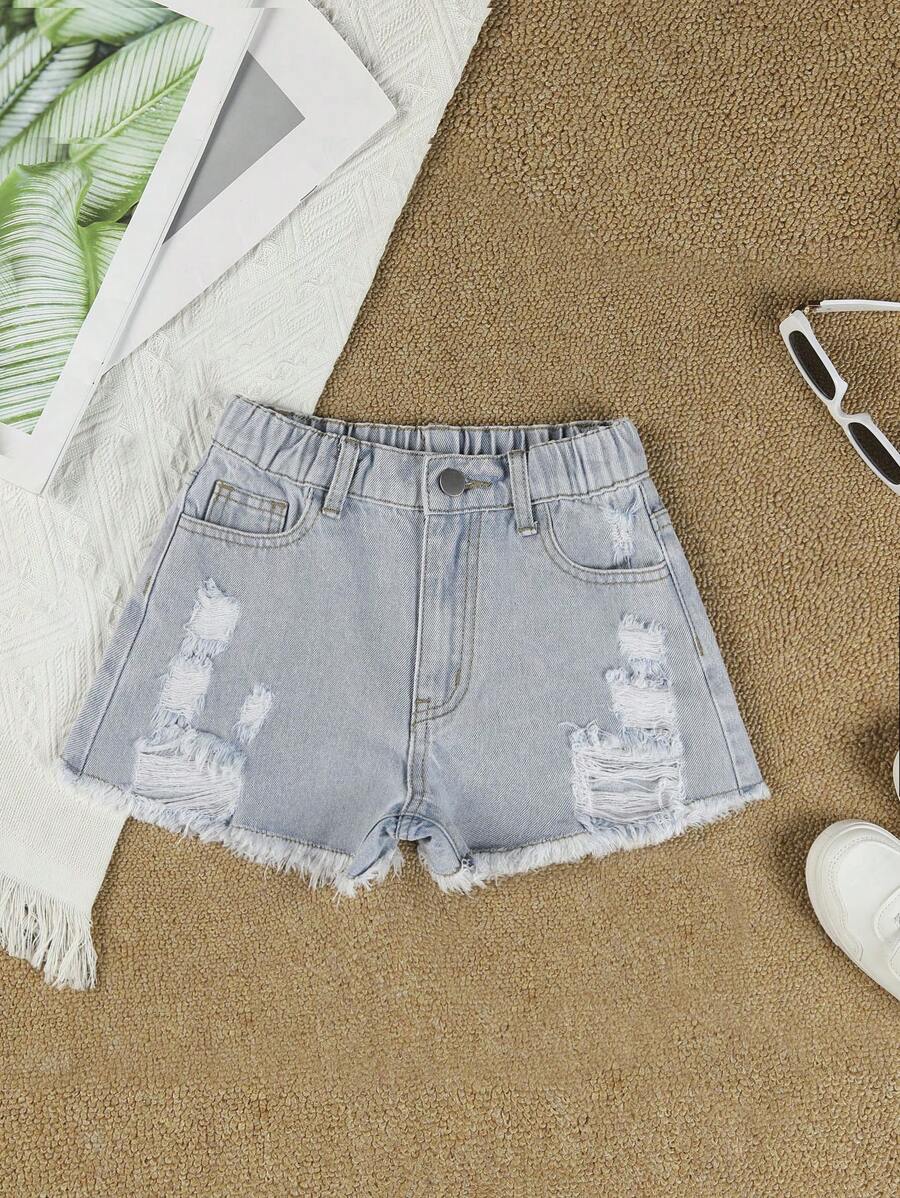 女孩破洞毛邊牛仔短褲 - 淺色水洗藍 - 查看 1
