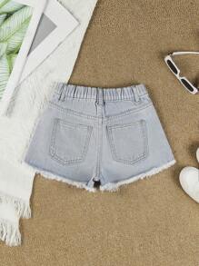 女孩破洞毛邊牛仔短褲 - 淺色水洗藍 - 查看 2