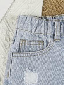 女孩破洞毛邊牛仔短褲 - 淺色水洗藍 - 查看 4
