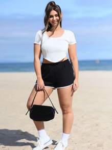 SHEIN EZwear Quần short bó sát họa tiết tương phản Plus Slogan cho mùa hè - màu đen - Xem 3