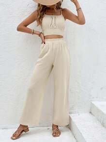 SHEIN Frenchy Rüschen, Cami Top mit & Hose mit weiten Beinen, - Aprikosenfarben - Übersicht 3