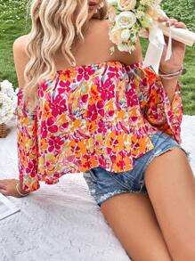 SHEIN VCAY 滿版印花一字肩喇叭袖襯衫 - 白色 - 查看 3