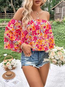 SHEIN VCAY 滿版印花一字肩喇叭袖襯衫 - 白色 - 查看 4