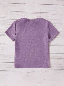 SHEIN 少女實色圓領短袖T卹，帶有心形和字母設計 - 紫丁香色 - 查看 2