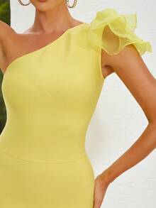 One Shoulder Frill Trim Asymmetrical Hem Dress - Yellow - View 6