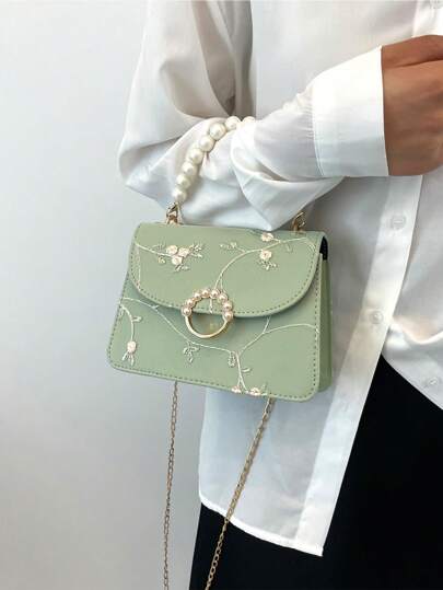 Mini Square Bag Flower Embroidery Faux Pearl Decor Fashionable